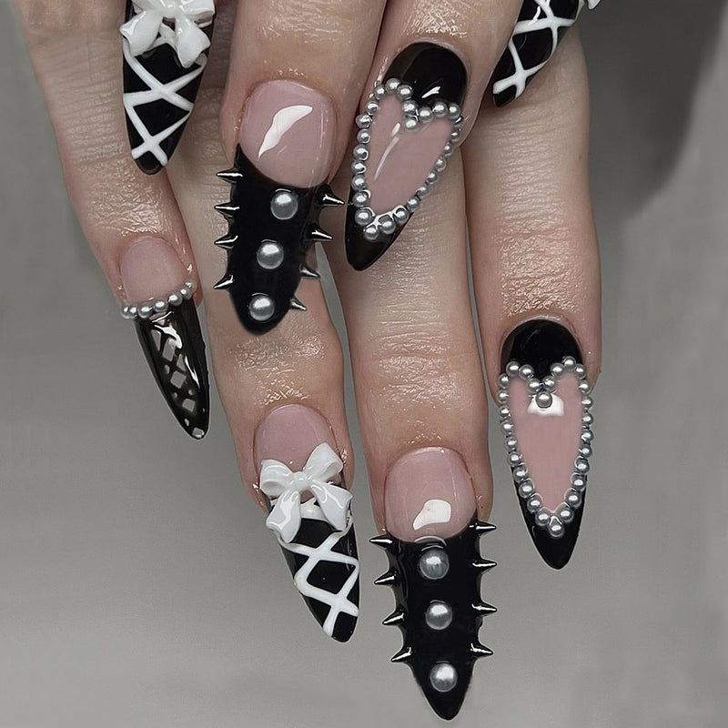 Almond-Shaped Press-On Nails with Heart Beads Sahibzada Treasures