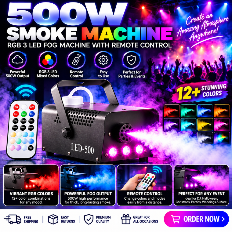 500W Smoke Machine RGB 3 LED Mixed Color Fog Machine with Remote Control Stage Smoke Ejector for DJ Halloween Christmas Sahibzada Treasures