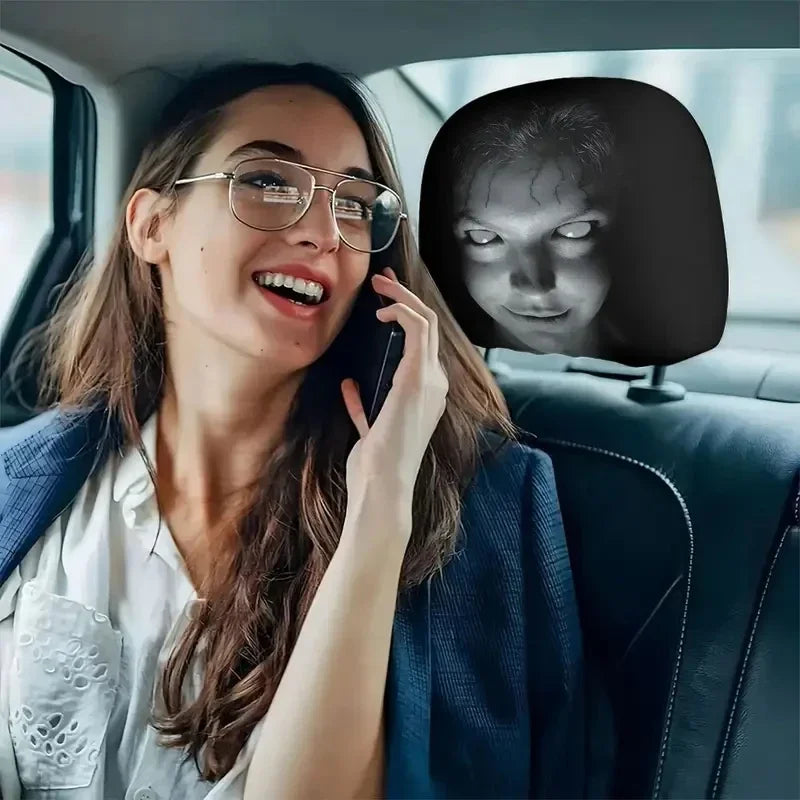 2Pcs Halloween Horror Face Printing Car Headrest Covers Universal Elastic Car Seat Headrest Cover Sahibzada Treasures
