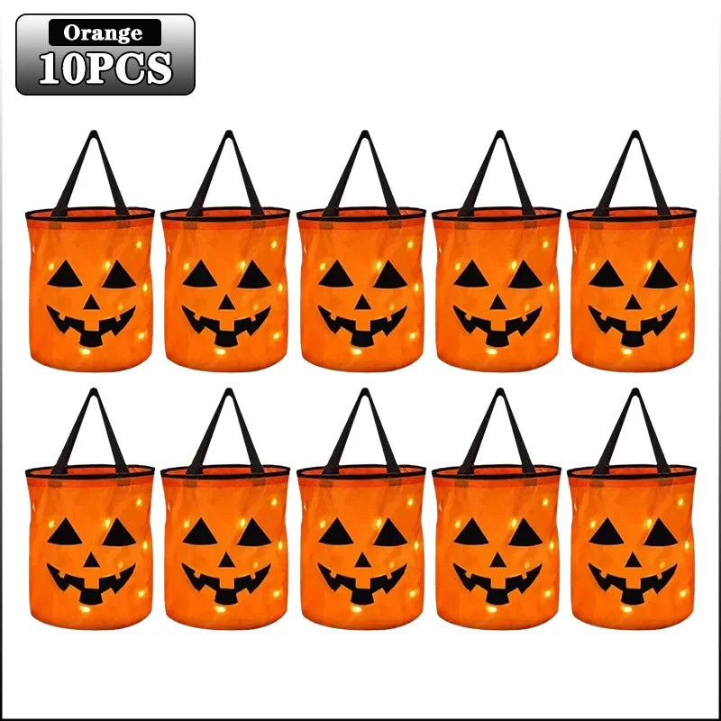 1-20PCS Halloween Pumpkin Tote Bag LED Light Up Handle Reusable Trick or Treat Candy Bag for Kids Party Decor Gift Present Sahibzada Treasures