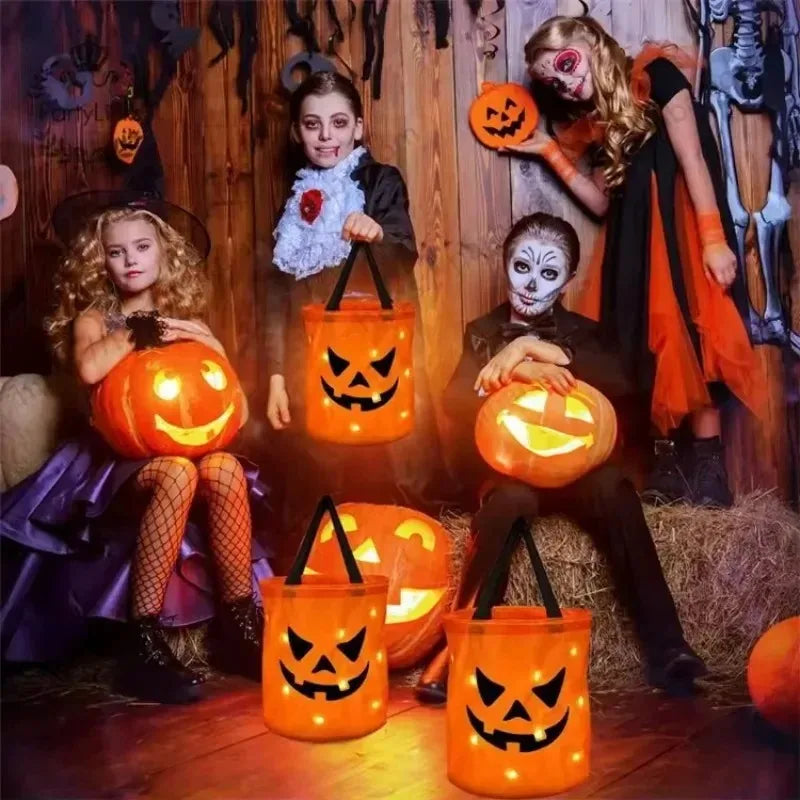 1-20PCS Halloween Pumpkin Tote Bag LED Light Up Handle Reusable Trick or Treat Candy Bag for Kids Party Decor Gift Present Sahibzada Treasures