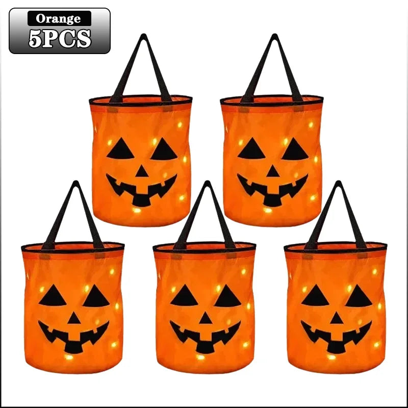 1-20PCS Halloween Pumpkin Tote Bag LED Light Up Handle Reusable Trick or Treat Candy Bag for Kids Party Decor Gift Present Sahibzada Treasures