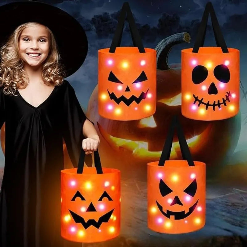 1-20PCS Halloween Pumpkin Tote Bag LED Light Up Handle Reusable Trick or Treat Candy Bag for Kids Party Decor Gift Present Sahibzada Treasures