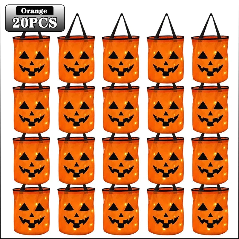 1-20PCS Halloween Pumpkin Tote Bag LED Light Up Handle Reusable Trick or Treat Candy Bag for Kids Party Decor Gift Present Sahibzada Treasures