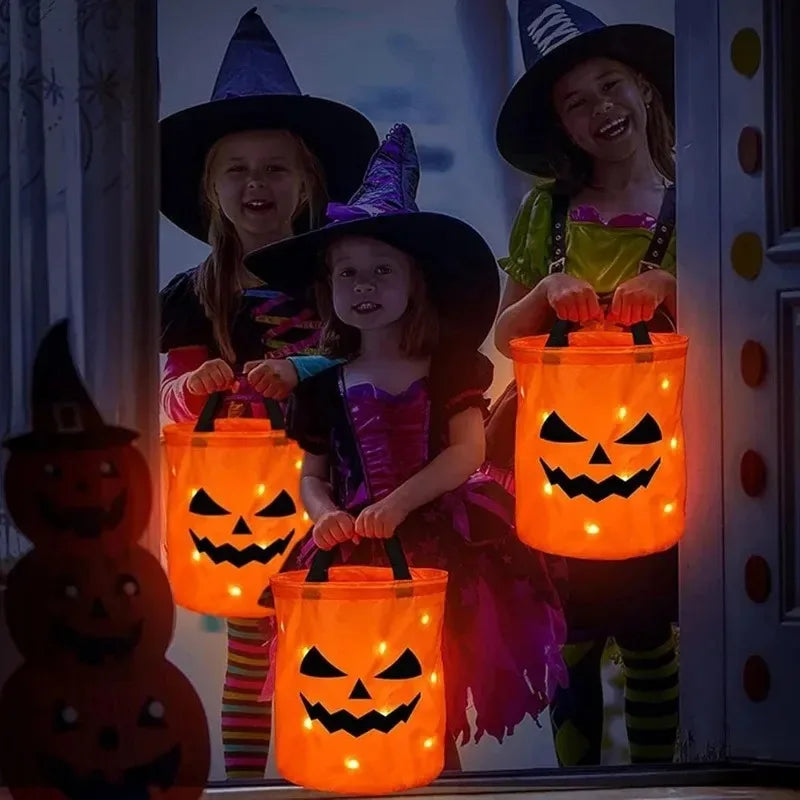 1-20PCS Halloween Pumpkin Tote Bag LED Light Up Handle Reusable Trick or Treat Candy Bag for Kids Party Decor Gift Present Sahibzada Treasures