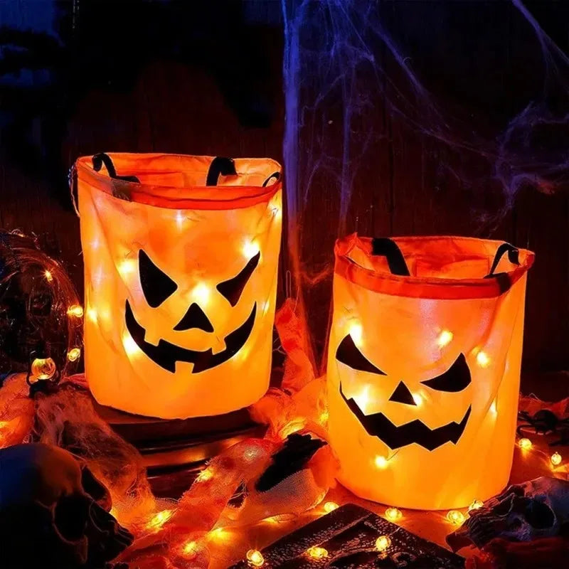 1-20PCS Halloween Pumpkin Tote Bag LED Light Up Handle Reusable Trick or Treat Candy Bag for Kids Party Decor Gift Present Sahibzada Treasures