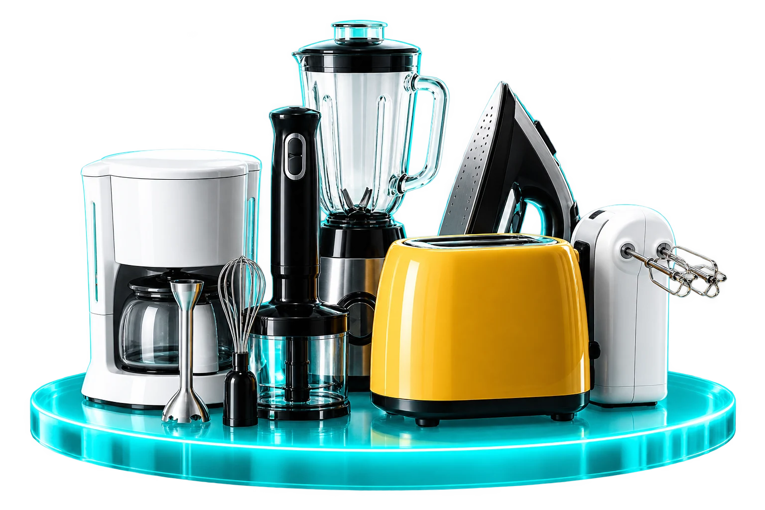 Modern home and kitchen appliances on a glowing turquoise display